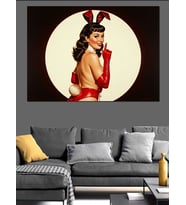 Spot Işığında Kırmızılı Tavşan Kulaklı Pin Up Kızı  Dekoratif Kanvas - Mdf Ahşap Tablo