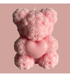 Büyük Boy Desenli ve Kalpli Ayıcık Mum Pembe
