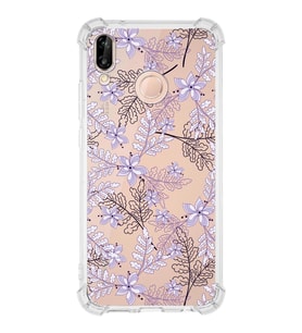 Huawei P20 Lite  Köşe Korumalı Antişok Kapak Floral Lila Tasarımlı Şeffaf  Kılıf