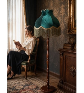Hürrem Yeşili Kadife Başlık Doğal Ahşap Ayaklı Klasik Model Lambader Vintage 170x40cm