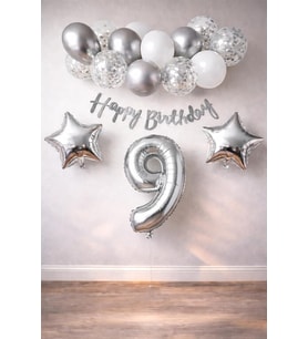 Konsept Dogum Gunu Kutlama Seti Beyaz Gumus Konfetili Balon Rakam Yıldız Folyo ve Banner (9 Yaş)