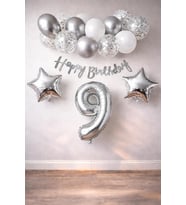Konsept Dogum Gunu Kutlama Seti Beyaz Gumus Konfetili Balon Rakam Yıldız Folyo ve Banner (9 Yaş)