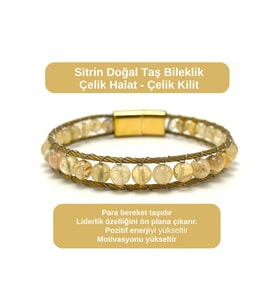 SERTİFİKALI Sitrin 6mm Doğal Taş Bileklik Çelik Halat Çelik Kilit
