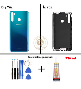 Infinix S5 Mavi Uyumlu Arka Kapak + Yapıştırıcı ve Vida Seti Arka Cam Batarya Pil Kapağı Lazer Kesim