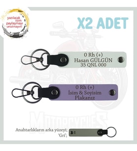 Motor Tutkunlarına Özel, İsim Plaka ve 0 Rh (+) Kan Grubu Özel Üretim 2'li Anahtarlık, Mor-Bordo-Gr (Çok Renkli)
