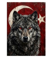 Ay Yıldızlı Bozkurt Portresi Dekoratif Kanvas - Mdf Ahşap Tablo