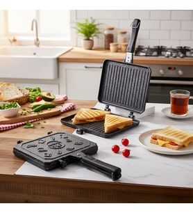 Çift Taraflı Ocak Üstü Döküm Tost Makinesi, Granit Efektli Yanmaz Yapışmaz Sandviç ve Tost Tavası - Hamburger, Omlet ve Aperatifler İçin İdeal Ergonomik Saplı Kolay Temizlenebilir Grill Tava