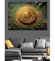 Devre Kartı Üzerinde Bitcoin Logosu Dekoratif Kanvas - Mdf Ahşap Tablo