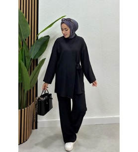 Kadın Çapraz Bağlamalı Keten Kimono Tesettür Pantolon Takım (Siyah)