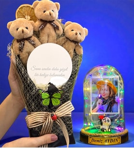 Sizlere Özel Renkli Led Işıklı Biblolu Fanus ve Aynalı Kahverengi Peluş Ayıcık Buketi (Model 8)