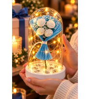 Premium Led Işıklı Fanus Beyaz Gül Buketi Dekoratif Gece Lambası Lüks Romantik Ev Hediyesi 14 cm