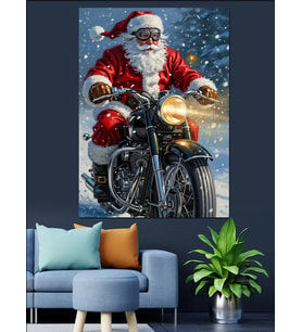 Motosiklet Süren Noel Baba Dekoratif Kanvas - Mdf Ahşap Tablo