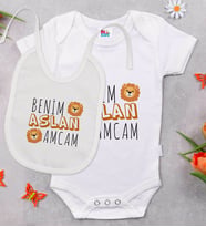 BK Kids Aslan Amcam Tasarımlı Beyaz Bebek Body Zıbın ve Mama Önlüğü Hediye Seti-1