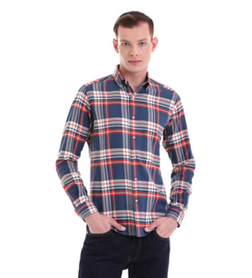 Hatemoğlu Lacivert Slim Fit Kareli %100 Pamuklu Düğmeli Yaka Uzun Kollu Klasik Gömlek