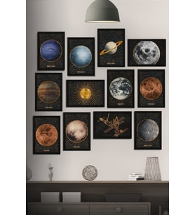 12 Parça Çerçeve Görünümlü Gezegenler Galaksi Temalı Mdf Tablo Seti (80x80 Cm)