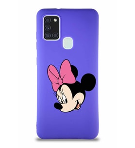 Samsung Galaxy A21S Soft Premier Kapak Minnie Mouse-B Tasarımlı Silikon Kılıf - Mor (Şeffaf)