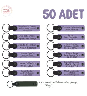Sünnet Töreni İçin İsim Yazılabilen Anı & Hatıra Anahtarlıkları 50’li Set, Mor Menekşe & Yeşil (Lila - Mor)