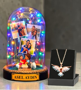 Sizlere Özel Renkli Led Işıklı Fanus ve Renkli Zümrüdü Anka Kuşu Kolye (Model 1)