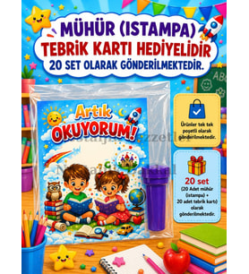20 Adet Yeni Okumayı Öğrenen Öğrencilere Hediye Artık Okuyorum Yazılı 1. Sınıf Hatırası Mühür (Istampa) Tebrik Kartı Hediyeli