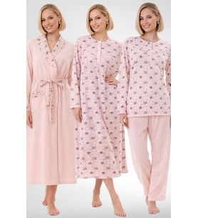 Mecit 6318 Pudra Büyük Beden Kadın Sabahlık Pijama Gecelik Set
