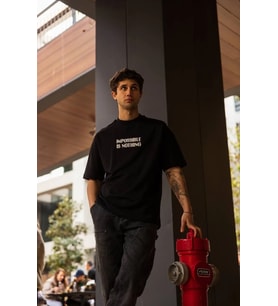 Erkek Kısa Kol Yazlık Tişört Bisiklet Yaka Baskılı Oversize T-Shirt - Siyah