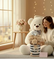 Premium 90 cm Peluş Ayı ve Silindir Kraft Kalpli Kutuda, Kalpli Balonlu 6’lı BOZ Ayıcık Buketi