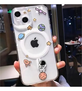 Coverzone iPhone 14 Plus ile uyumlu K?l?f Wireless ?arj �zellikli Magsafe ile uyumlu Astronot Bask?l? Sert PC ?effaf Arka Y�zey Gezegen