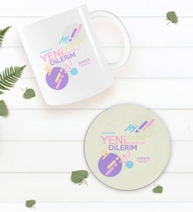 BK Gift Kişiye Özel Yeni İşinde Başarılar Dilerim Beyaz Kupa Bardak ve Yuvarlak Ahşap Bardak Altlığı Hediye Seti -2