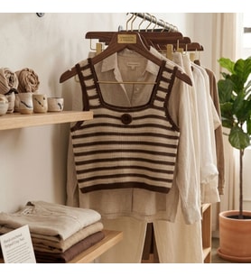 ChicLookDesign El Örgüsü Çizgili Crop Süeter (Ekru-Açık Kahve)