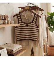 ChicLookDesign El Örgüsü Çizgili Crop Süeter (Ekru-Açık Kahve)