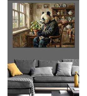 Pencere Önünde Kitap Okuyan Panda Dekoratif Kanvas - Mdf Ahşap Tablo