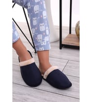 U050 Unisex Kışlık Ev İçi Terliği Kürklü Yünlü Kışlık Terlik (Lacivert)