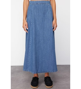 Moda Denim Düz Desen Günlük Midi Boy Yüksek Bel Midi Modest Denim Etek