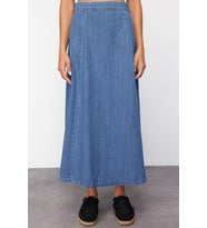 Moda Denim Düz Desen Günlük Midi Boy Yüksek Bel Midi Modest Denim Etek