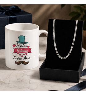 BK Gift Kişiye Özel Babalar Günü Tasarımlı Beyaz Kupa & Gurmet Zincir Kolye -13, Babalar Günü Hediyesi