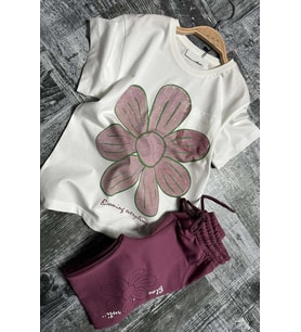 Kız Çocuk Üzeri Papatya Baskılı T-Shirt Çift Cepli Lastikli Mor Pijama Takımı