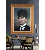 Altın Varaklı Çerçeveli Paspartulu Atatürk Tablo nh413 (Gold)