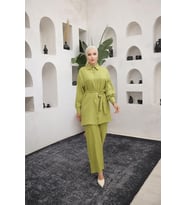 Gömlek Yaka Kuşak Detaylı İkili Takım - (38-46) - 71199 - Yeşil
