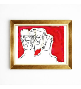 Tablore Altın Çerçeveli Kırmızı Soyut Yüz Çizgisel Duvar Tablosu Modern Line Art