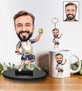 Kişiye Özel Tenis Tasarımlı Karikatür Biblo Anahtarlık Ve Kupa Hediye Seti 50