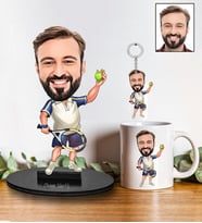 Kişiye Özel Tenis Tasarımlı Karikatür Biblo Anahtarlık Ve Kupa Hediye Seti 50