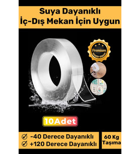 Ultra Süper Güçlü Yüksek Mukavemetli Nano Teknolojili Çift Taraflı Şeffaf 3 mt Bant 10 Adet