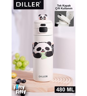 DILLER 480 ML Tek Kapak Çift Kullanım Pipetli/Pipetsiz Taşıma Kulplu Vacum Cup/Çelik Termos -FFD9240 (Karışık)