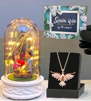 Zümrüdü Anka Kuşu Kolye ve Led Işıklı Fanus Hediye Seti (Model 4)