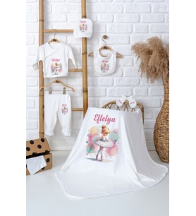Pia Baby Premium Kişiye Özel Battaniye ve 5 Parça Zıbın Kız Bebek Hediyesi 5044-04 (Ekru)