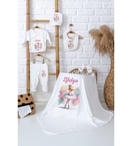 Pia Baby Premium Kişiye Özel Battaniye ve 5 Parça Zıbın Kız Bebek Hediyesi 5044-04 (Ekru)