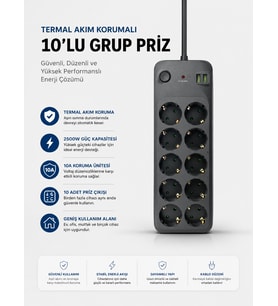 Termal Akım Korumalı USB Type-C Girişli 10'lu Grup Priz 2500W Güç Kapasitesi (Kopya)