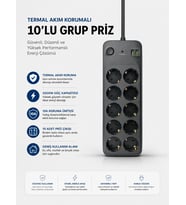 Termal Akım Korumalı USB Type-C Girişli 10'lu Grup Priz 2500W Güç Kapasitesi (Kopya)