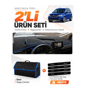 RENAULT KANGOO (2023-2026) Uyumlu Torpido Örtüsü + Deri Bagaj Çantası + Sticker Seti - Siyah Mavi