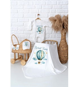 Pia Baby Premium  %100 Pamuk İsme Özel Erkek Bebek Hastane Çıkışı Tulumlu Bebek Hediye Seti 5023-05 (Ekru)
